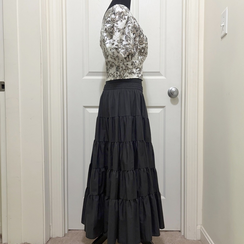 Vintage Malco Modes Black Tiered Midi Skirt Small USA Made Prairie Rockabilly - Picture 4 of 11